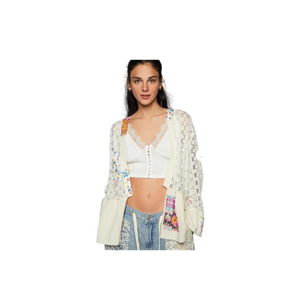 POL - Gauze Floral Ruffle Open Cardigan Small